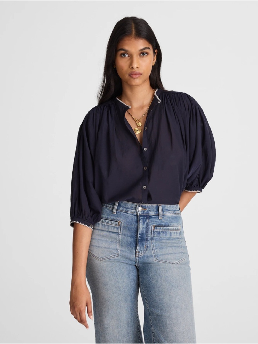 Madewell Balloon-Sleeve Voile Top Midnight Navy XS